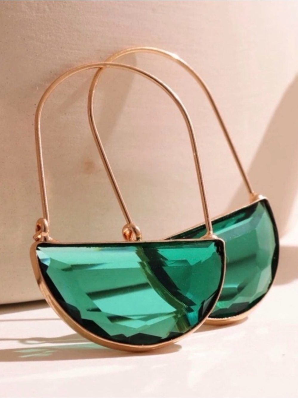 Crescent Green Glass Hoop Earrings - Women Jewelry